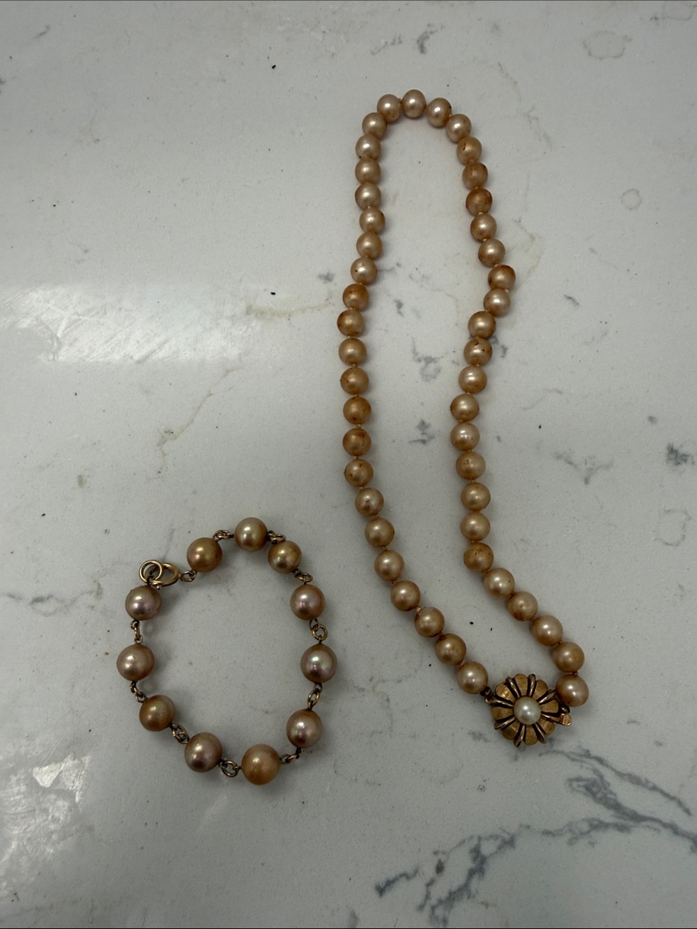 Pearl Necklace and Bracelet Set in Warm Champagne